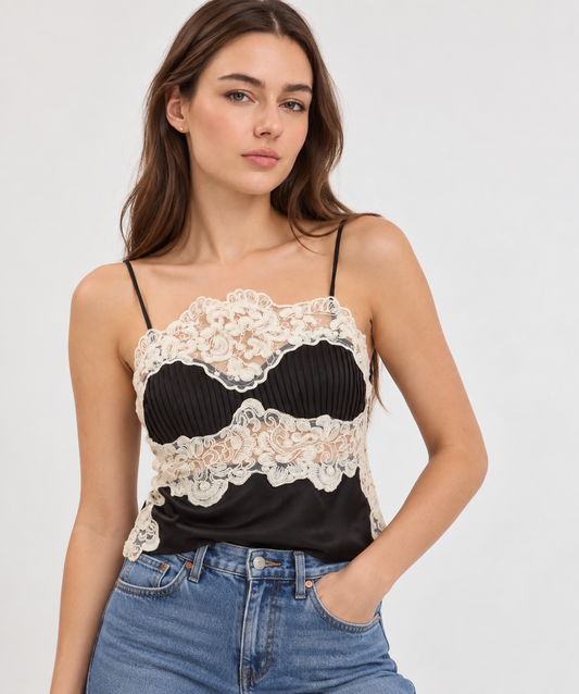 Lace satin cami styled for everyday wear